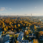 Aerial photo of city properties and trees